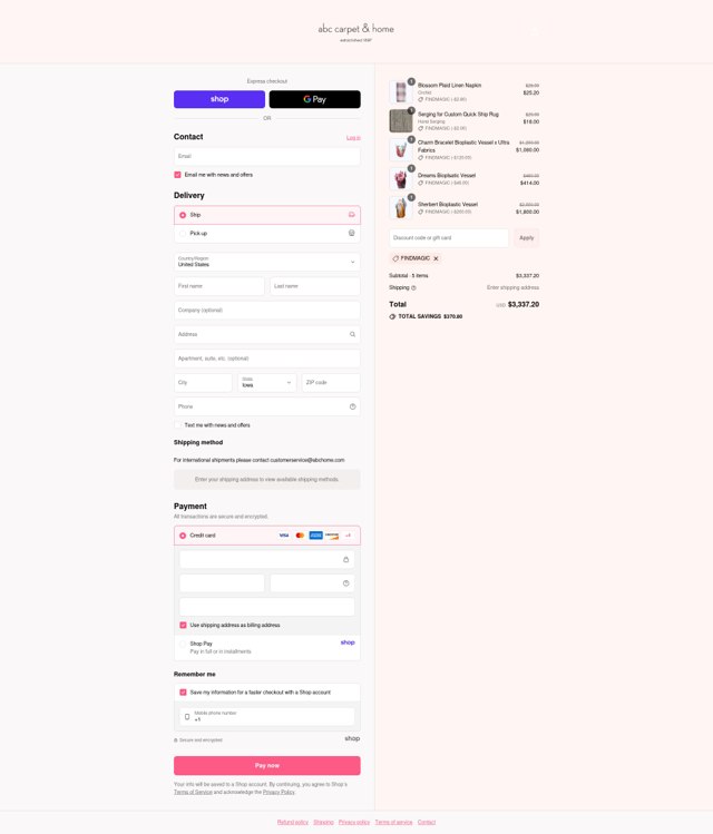 ABC Carpet & Home checkout page showing ABC Carpet & Home promo code box | Screenshot taken by SimplyCodes community member on Sep 7, 2025