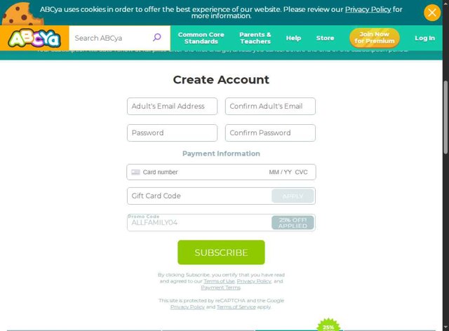 ABCya.com checkout page showing ABCya.com promo code box | Screenshot taken by SimplyCodes community member on May 31, 2025