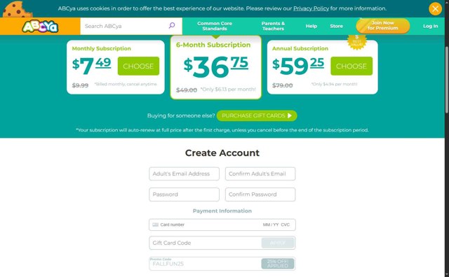 ABCya.com checkout page showing ABCya.com promo code box | Screenshot taken by SimplyCodes community member on May 17, 2025