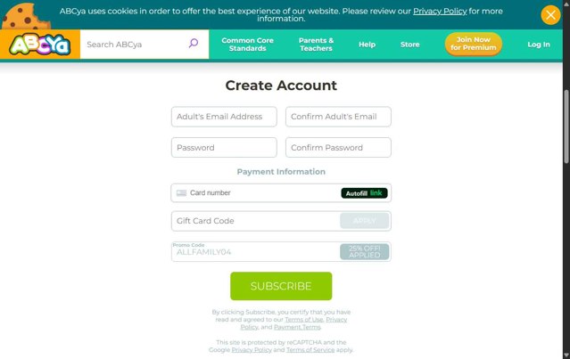 ABCya.com checkout page showing ABCya.com promo code box | Screenshot taken by SimplyCodes community member on Aug 26, 2025