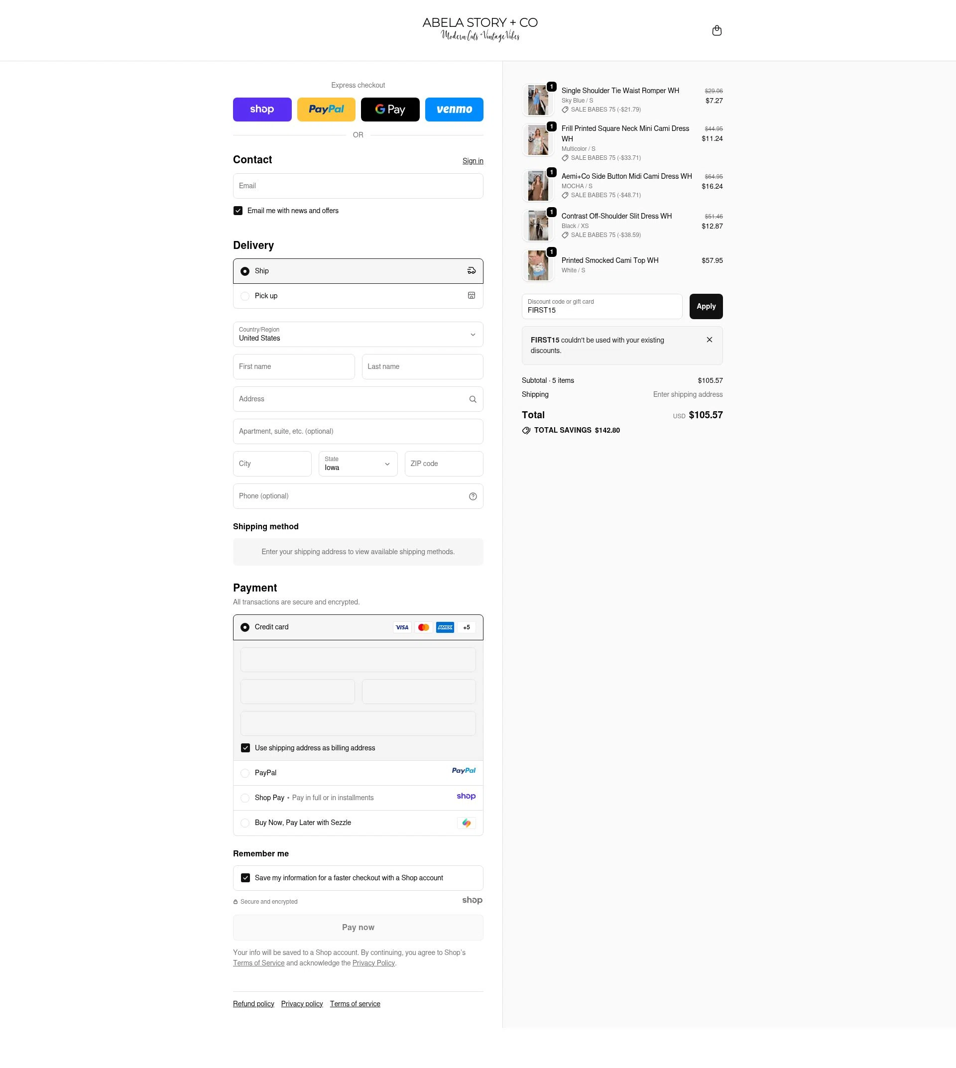 Abela Story + Co checkout page showing Abela Story + Co promo code box | Screenshot taken by SimplyCodes community member on Oct 28, 2025