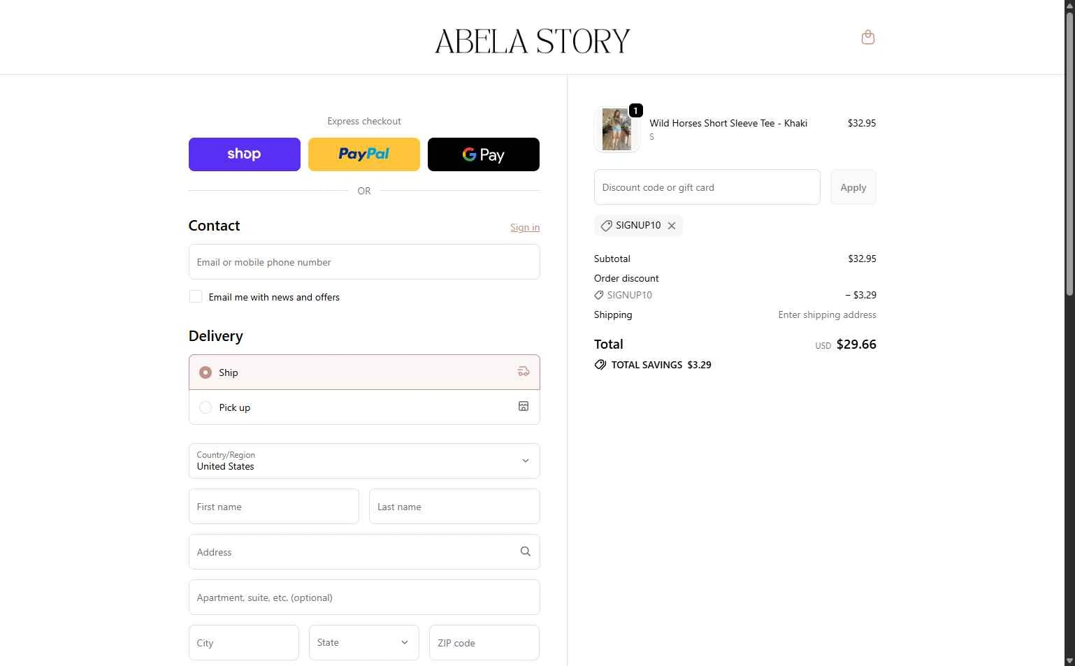 Abela Story + Co checkout page showing Abela Story + Co promo code box | Screenshot taken by SimplyCodes community member on Jan 26, 2026