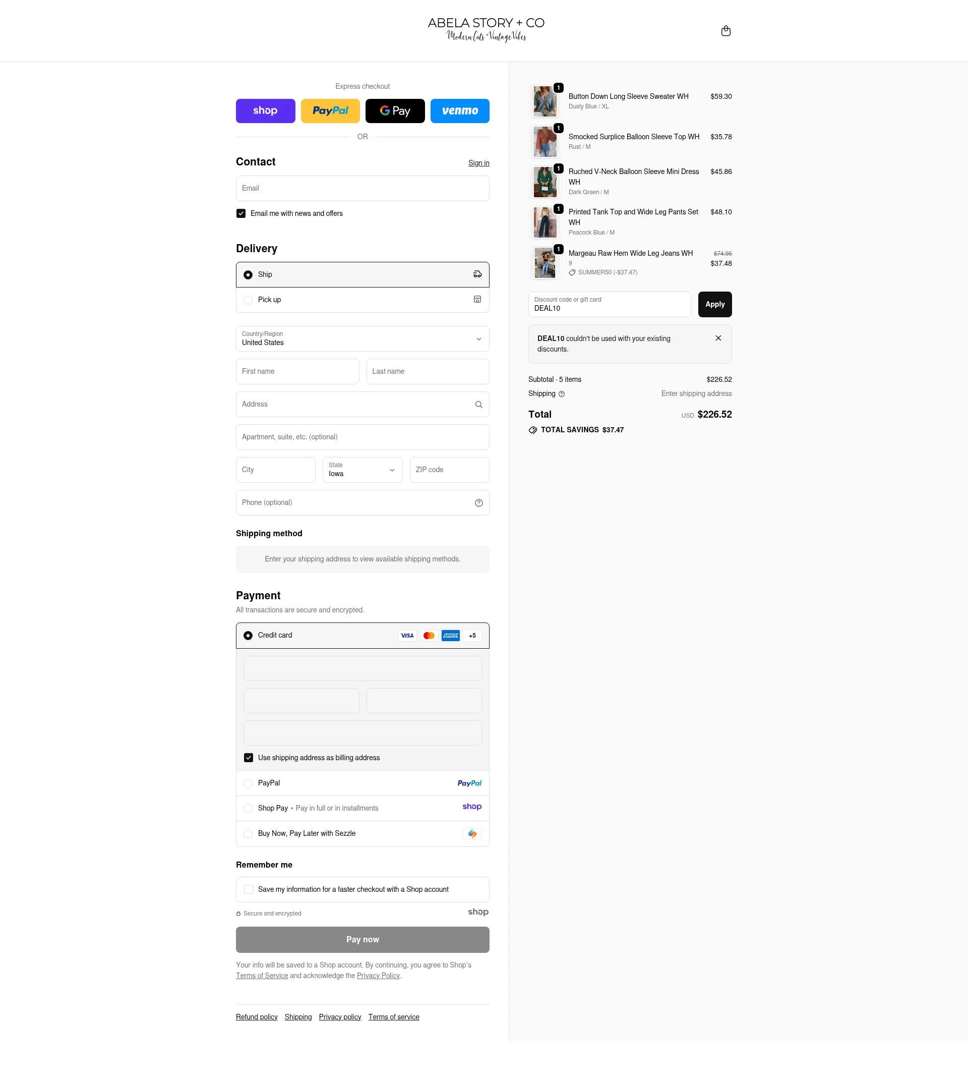 Abela Story + Co checkout page showing Abela Story + Co promo code box | Screenshot taken by SimplyCodes community member on Nov 4, 2025