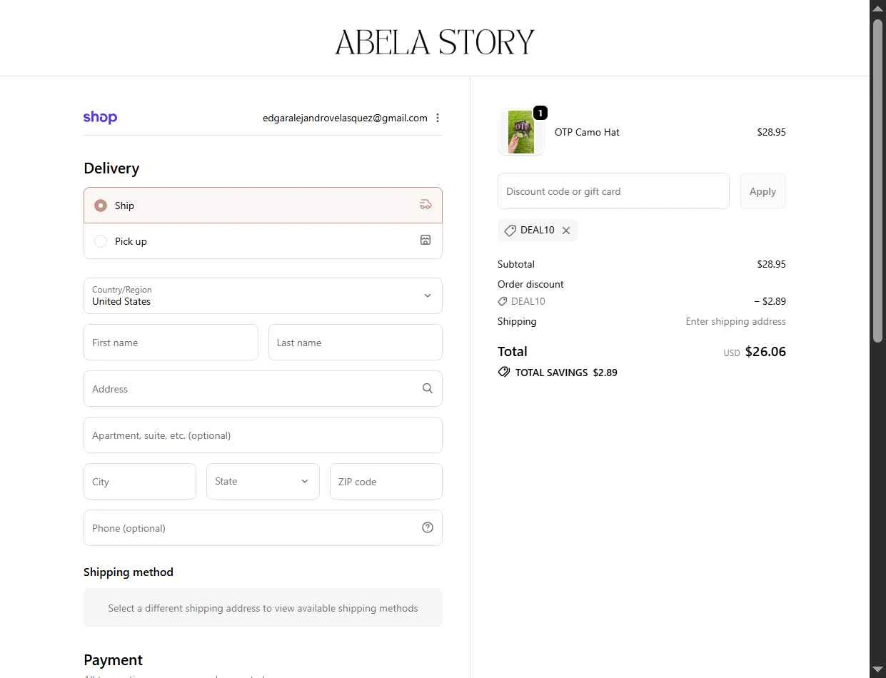 Abela Story + Co checkout page showing Abela Story + Co promo code box | Screenshot taken by SimplyCodes community member on Jan 7, 2026