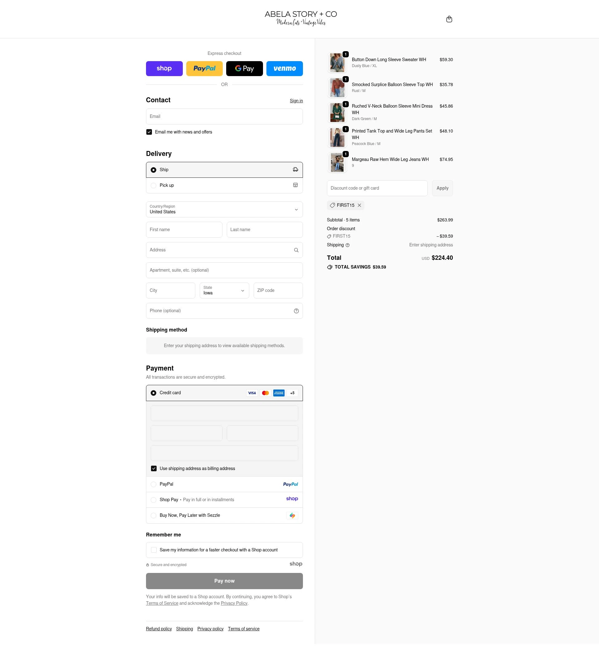 Abela Story + Co checkout page showing Abela Story + Co promo code box | Screenshot taken by SimplyCodes community member on Nov 10, 2025