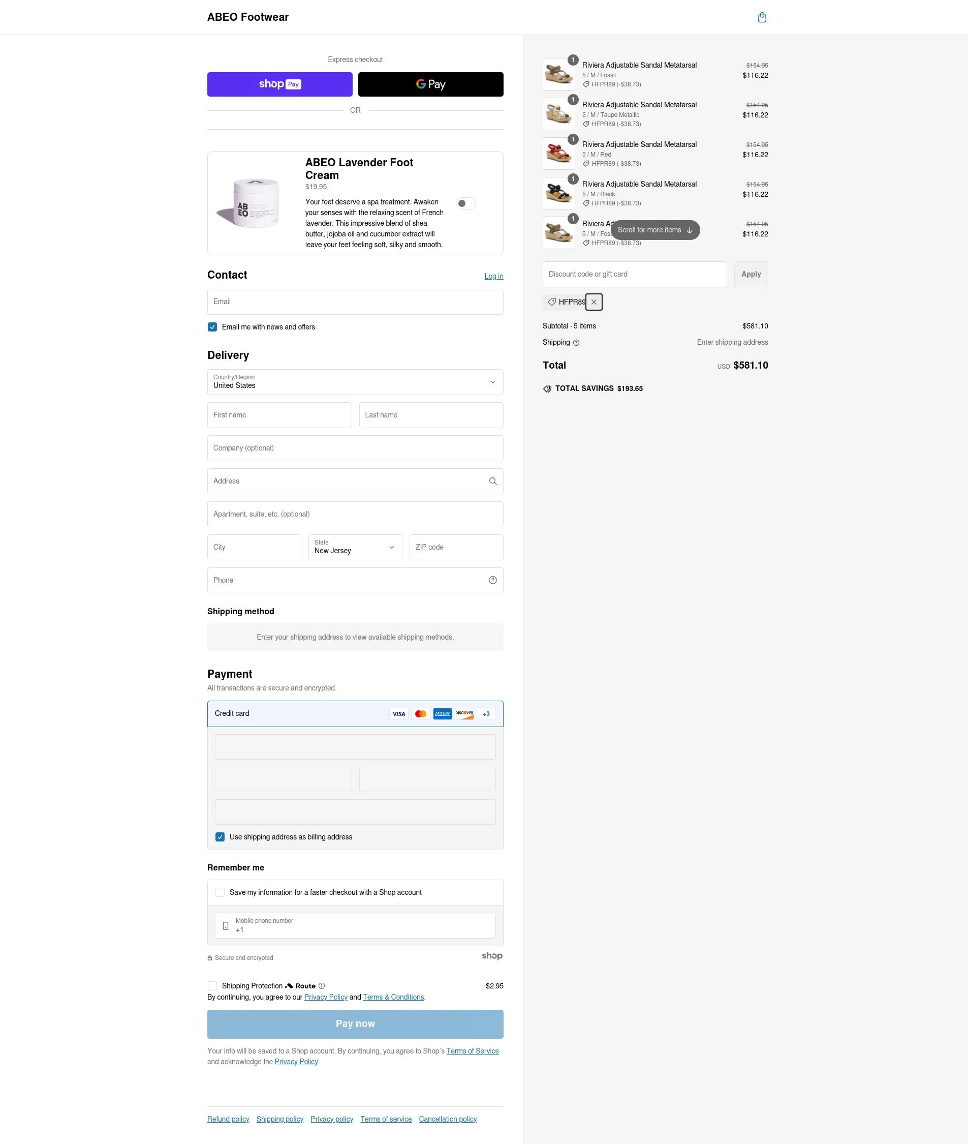 ABEO Footwear checkout page showing ABEO Footwear discount code box | Screenshot taken by SimplyCodes community member on Feb 20, 2025