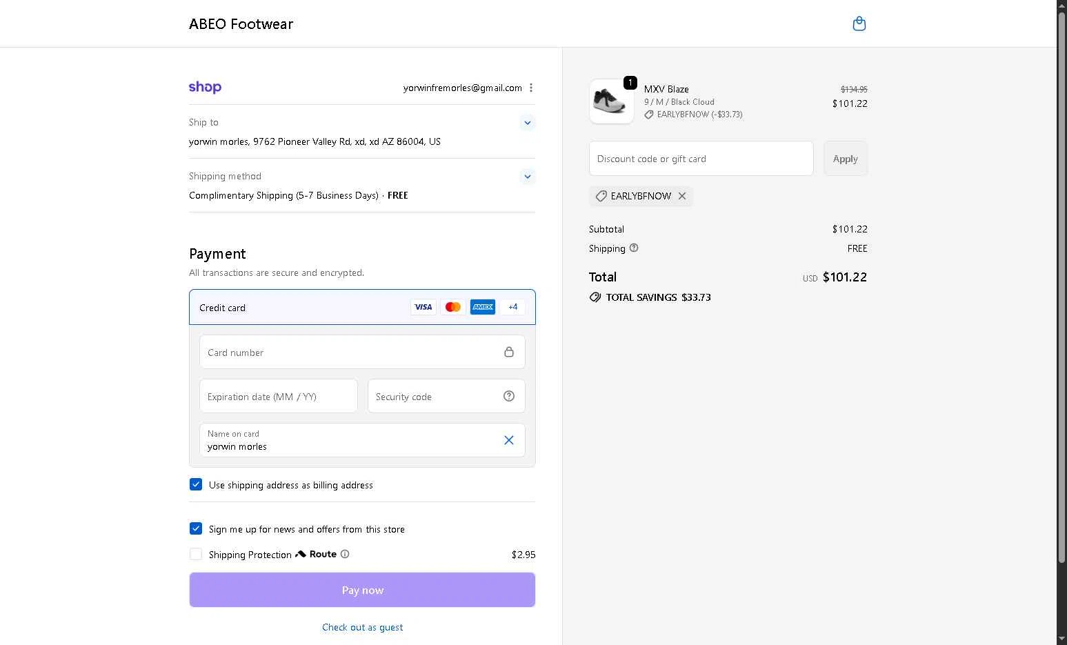 ABEO Footwear checkout page showing ABEO Footwear discount code box | Screenshot taken by SimplyCodes community member on Nov 22, 2025