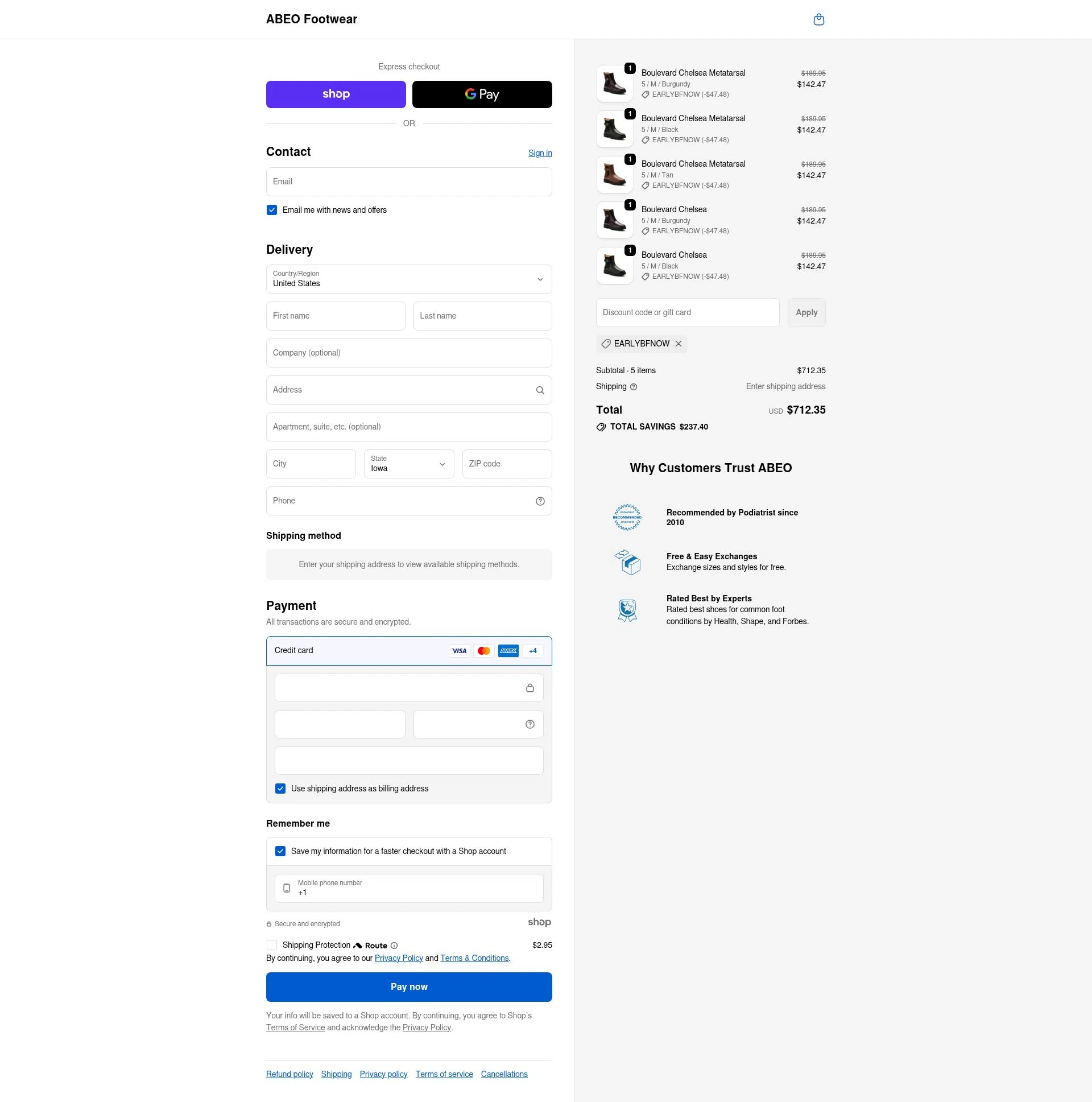 ABEO Footwear checkout page showing ABEO Footwear discount code box | Screenshot taken by SimplyCodes community member on Nov 23, 2025