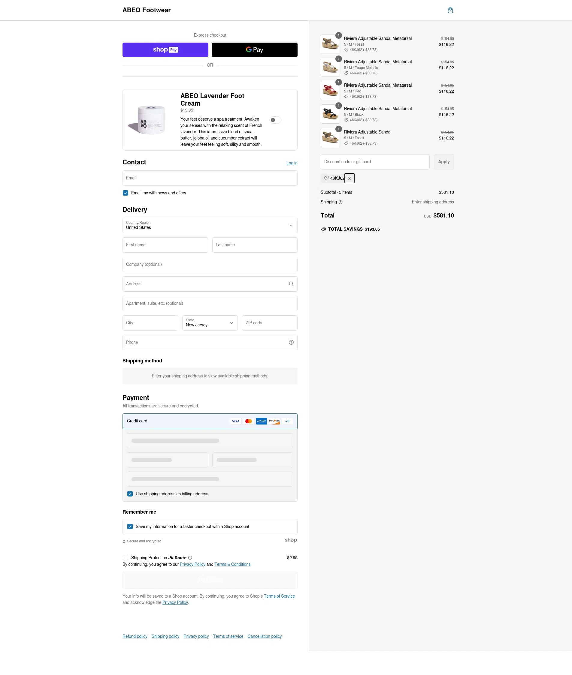 ABEO Footwear checkout page showing ABEO Footwear discount code box | Screenshot taken by SimplyCodes community member on Feb 20, 2025