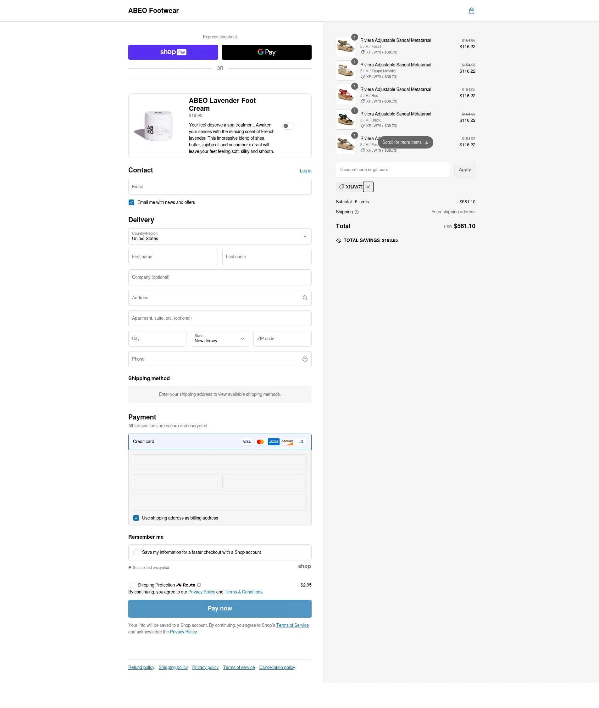 ABEO Footwear checkout page showing ABEO Footwear discount code box | Screenshot taken by SimplyCodes community member on Feb 20, 2025