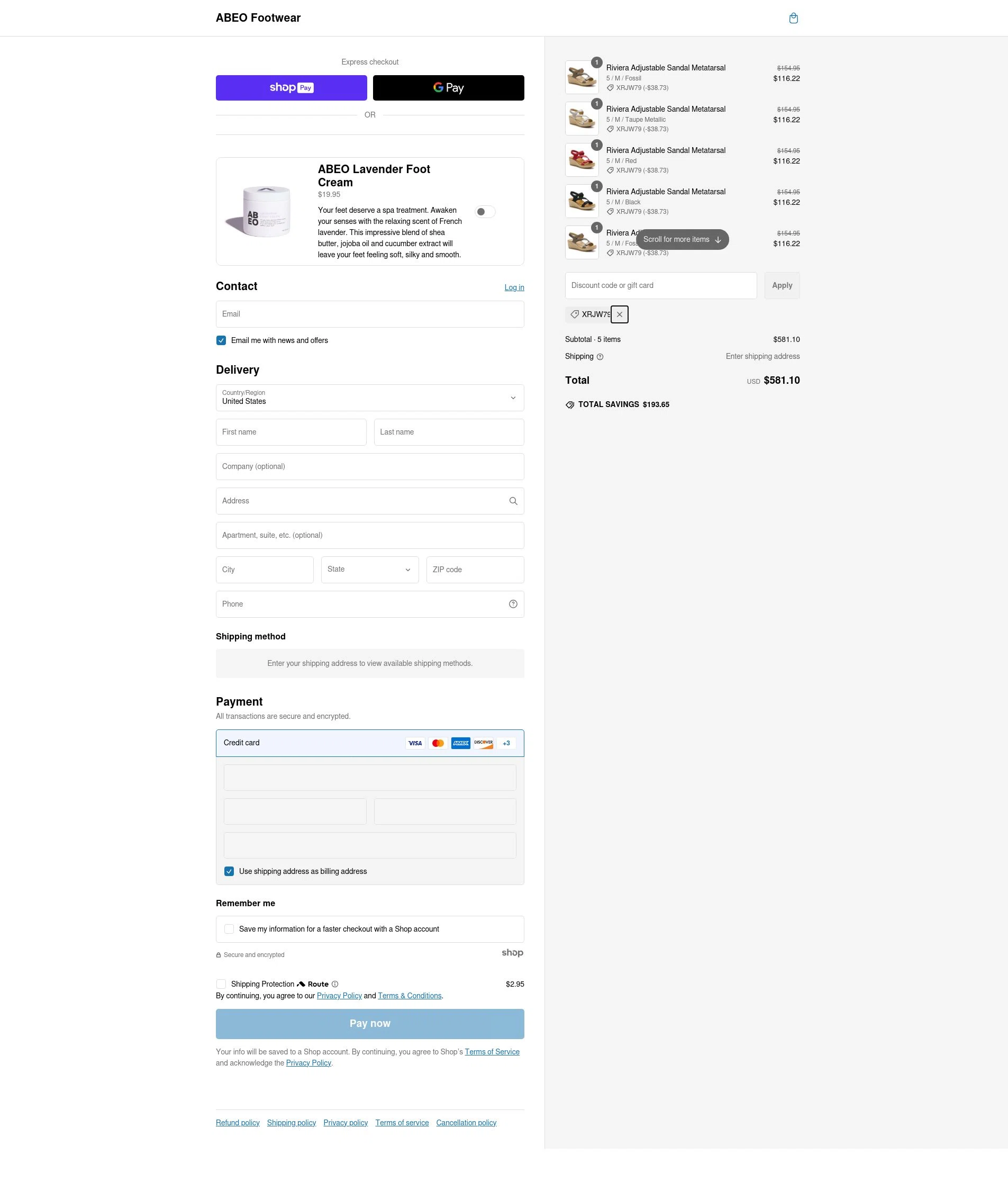 ABEO Footwear checkout page showing ABEO Footwear discount code box | Screenshot taken by SimplyCodes community member on Feb 19, 2025