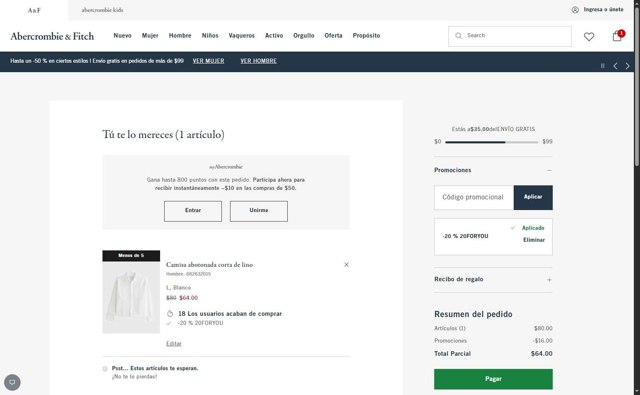 Abercrombie & Fitch checkout page showing Abercrombie & Fitch promo code box | Screenshot taken by SimplyCodes community member on Jul 16, 2025