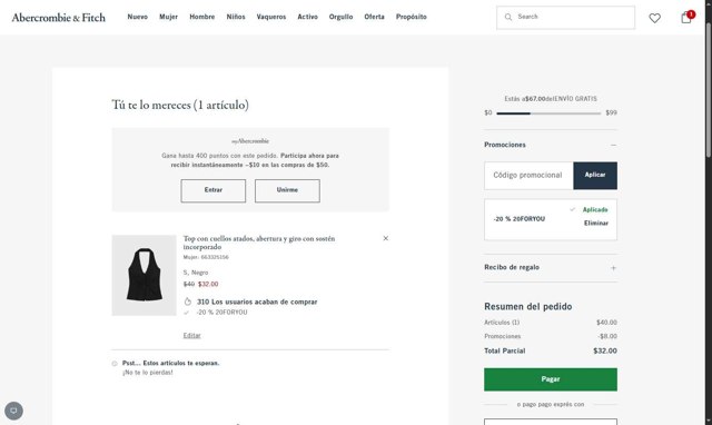 Abercrombie & Fitch checkout page showing Abercrombie & Fitch promo code box | Screenshot taken by SimplyCodes community member on Jul 16, 2025
