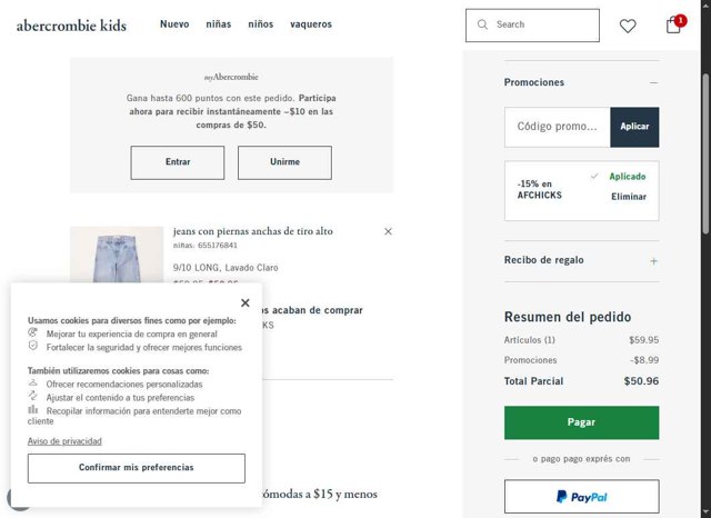 Abercrombie Kids checkout page showing Abercrombie Kids promo code box | Screenshot taken by SimplyCodes community member on Jul 14, 2025