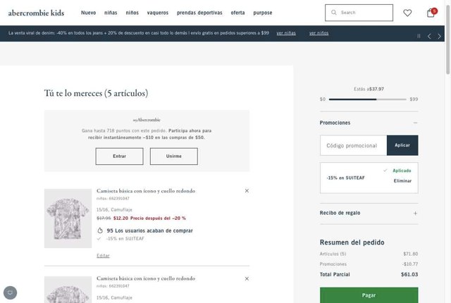 Abercrombie Kids checkout page showing Abercrombie Kids promo code box | Screenshot taken by SimplyCodes community member on Aug 7, 2025