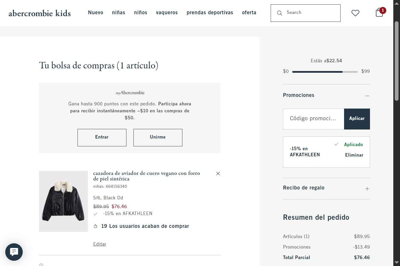 Abercrombie Kids checkout page showing Abercrombie Kids promo code box | Screenshot taken by SimplyCodes community member on Nov 3, 2025