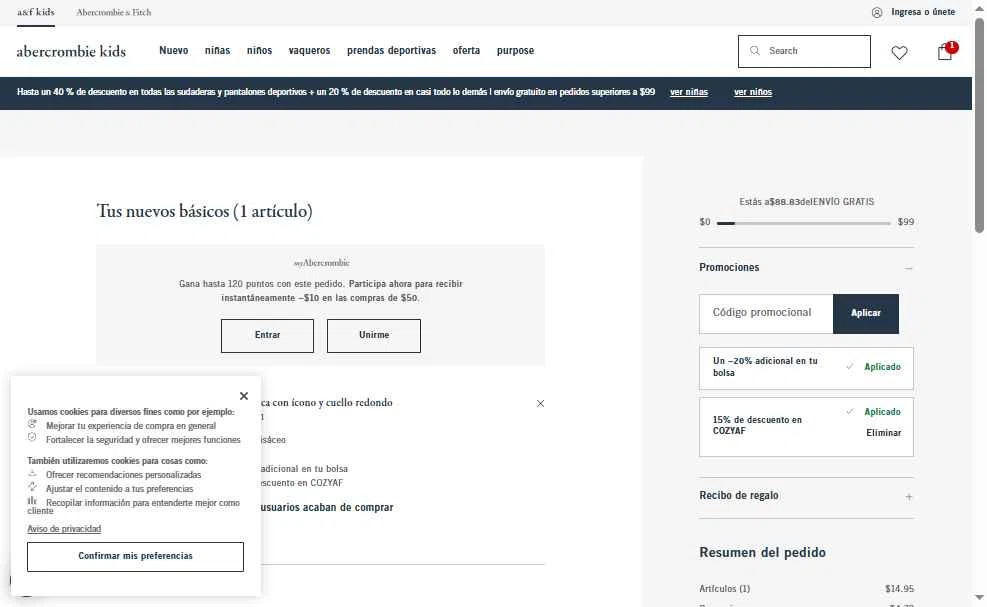 Abercrombie Kids checkout page showing Abercrombie Kids promo code box | Screenshot taken by SimplyCodes community member on Oct 10, 2025
