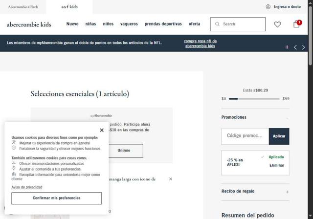 Abercrombie Kids checkout page showing Abercrombie Kids promo code box | Screenshot taken by SimplyCodes community member on Sep 29, 2025