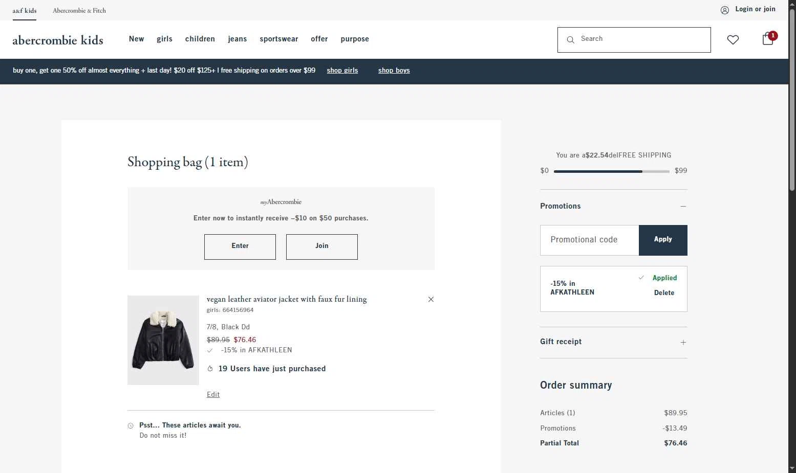Abercrombie Kids checkout page showing Abercrombie Kids promo code box | Screenshot taken by SimplyCodes community member on Nov 3, 2025
