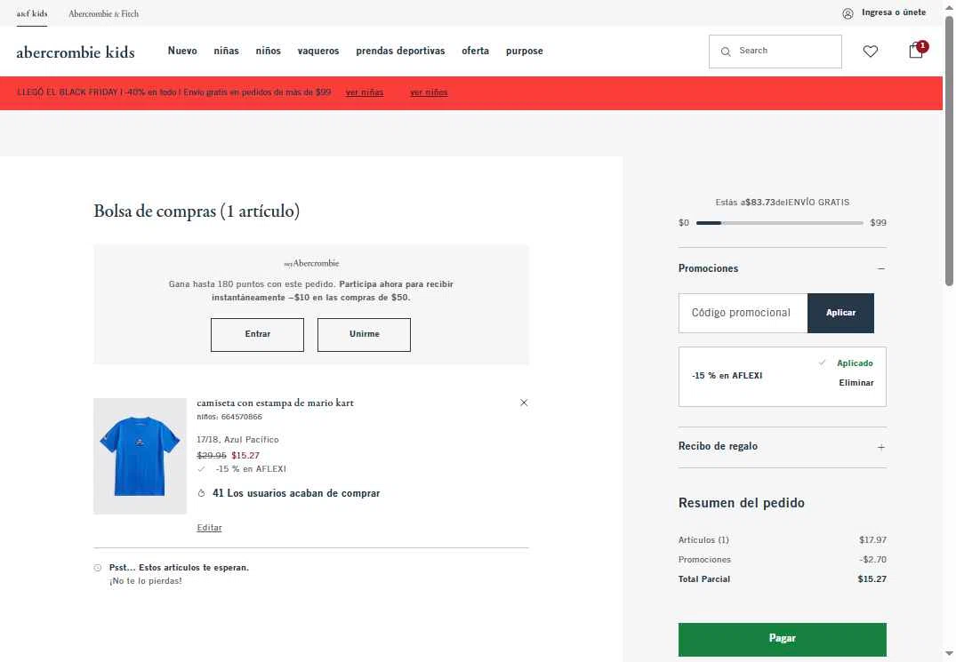 Abercrombie Kids checkout page showing Abercrombie Kids promo code box | Screenshot taken by SimplyCodes community member on Nov 24, 2025