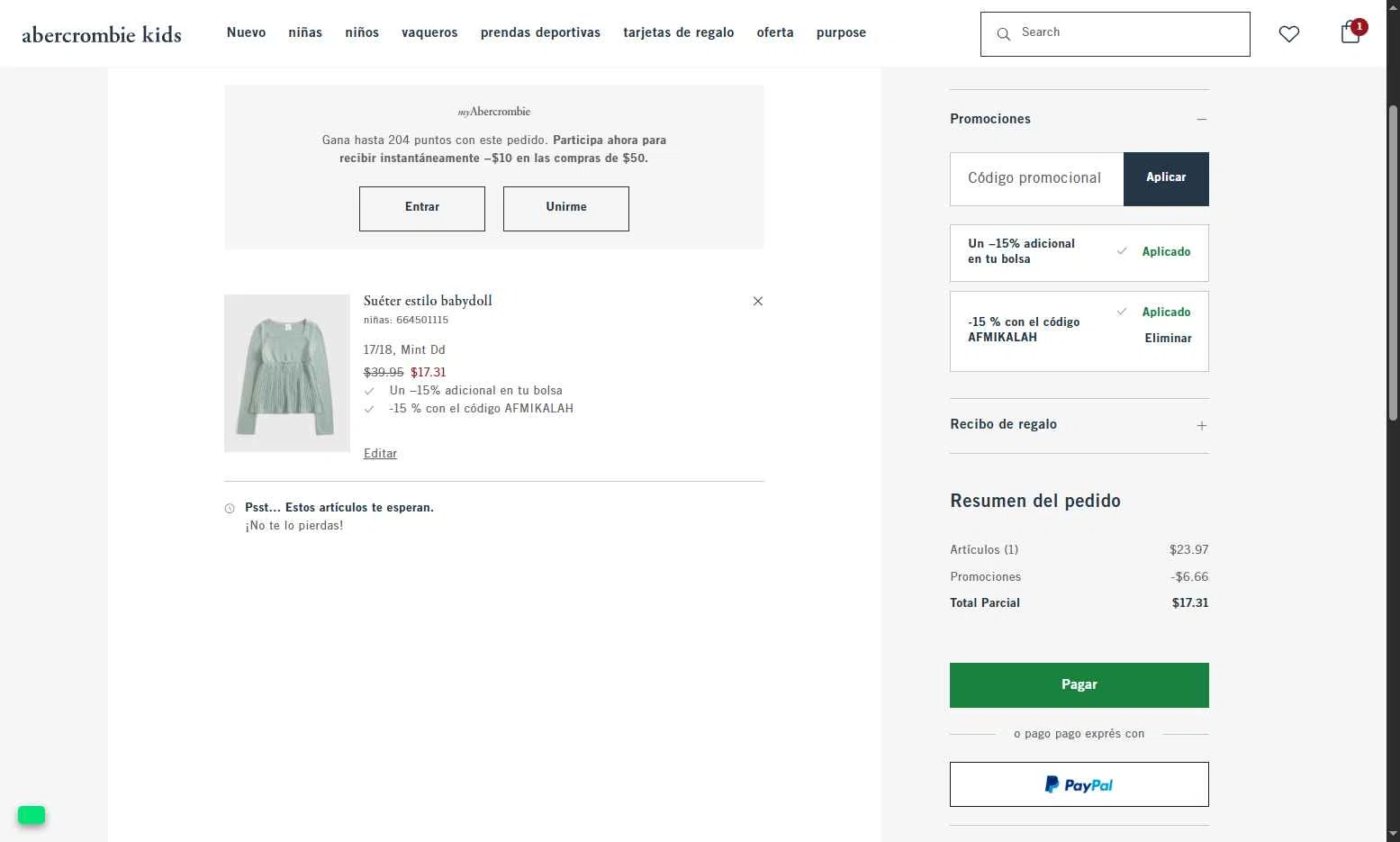 Abercrombie Kids checkout page showing Abercrombie Kids promo code box | Screenshot taken by SimplyCodes community member on Dec 15, 2025