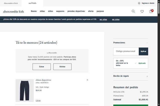 Abercrombie Kids checkout page showing Abercrombie Kids promo code box | Screenshot taken by SimplyCodes community member on Jun 10, 2025