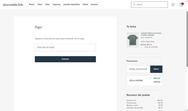 Abercrombie Kids checkout page showing Abercrombie Kids promo code box | Screenshot taken by SimplyCodes community member on Jul 13, 2025