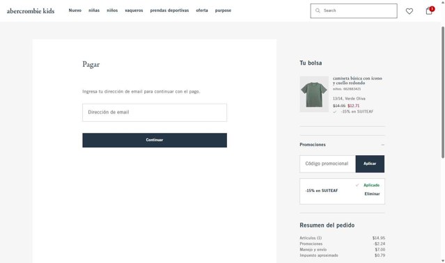Abercrombie Kids checkout page showing Abercrombie Kids promo code box | Screenshot taken by SimplyCodes community member on Jul 13, 2025