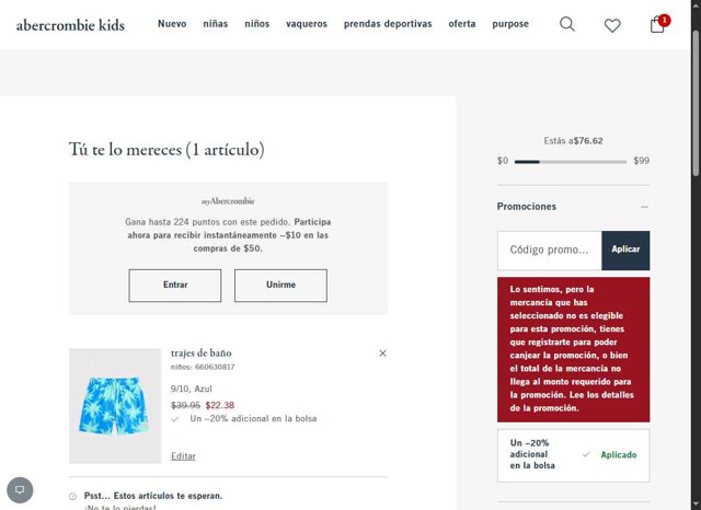 Abercrombie Kids checkout page showing Abercrombie Kids promo code box | Screenshot taken by SimplyCodes community member on Jun 10, 2025