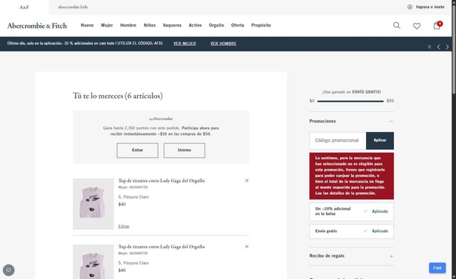 Abercrombie Kids checkout page showing Abercrombie Kids promo code box | Screenshot taken by SimplyCodes community member on Jun 10, 2025