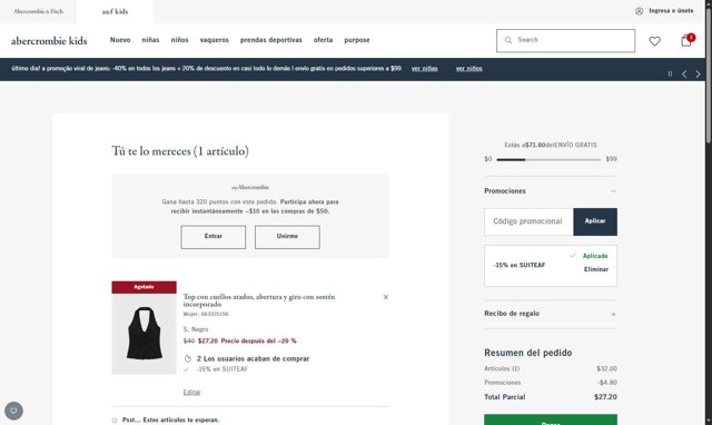 Abercrombie Kids checkout page showing Abercrombie Kids promo code box | Screenshot taken by SimplyCodes community member on Aug 11, 2025