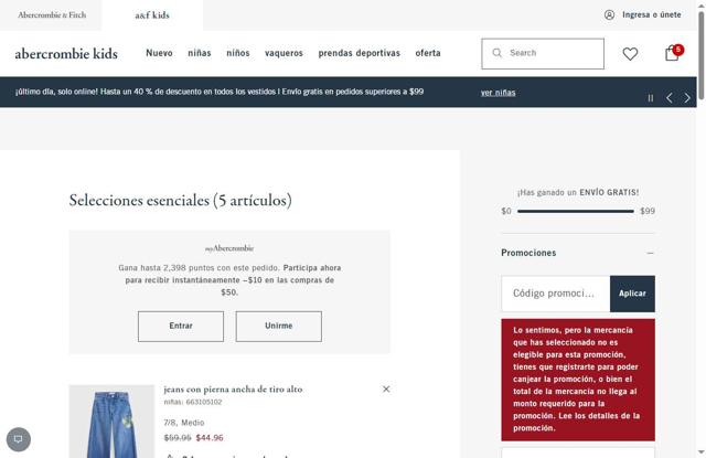 Abercrombie Kids checkout page showing Abercrombie Kids promo code box | Screenshot taken by SimplyCodes community member on Sep 5, 2025