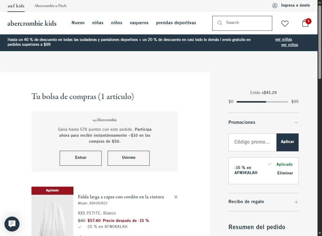 Abercrombie Kids checkout page showing Abercrombie Kids promo code box | Screenshot taken by SimplyCodes community member on Oct 13, 2025
