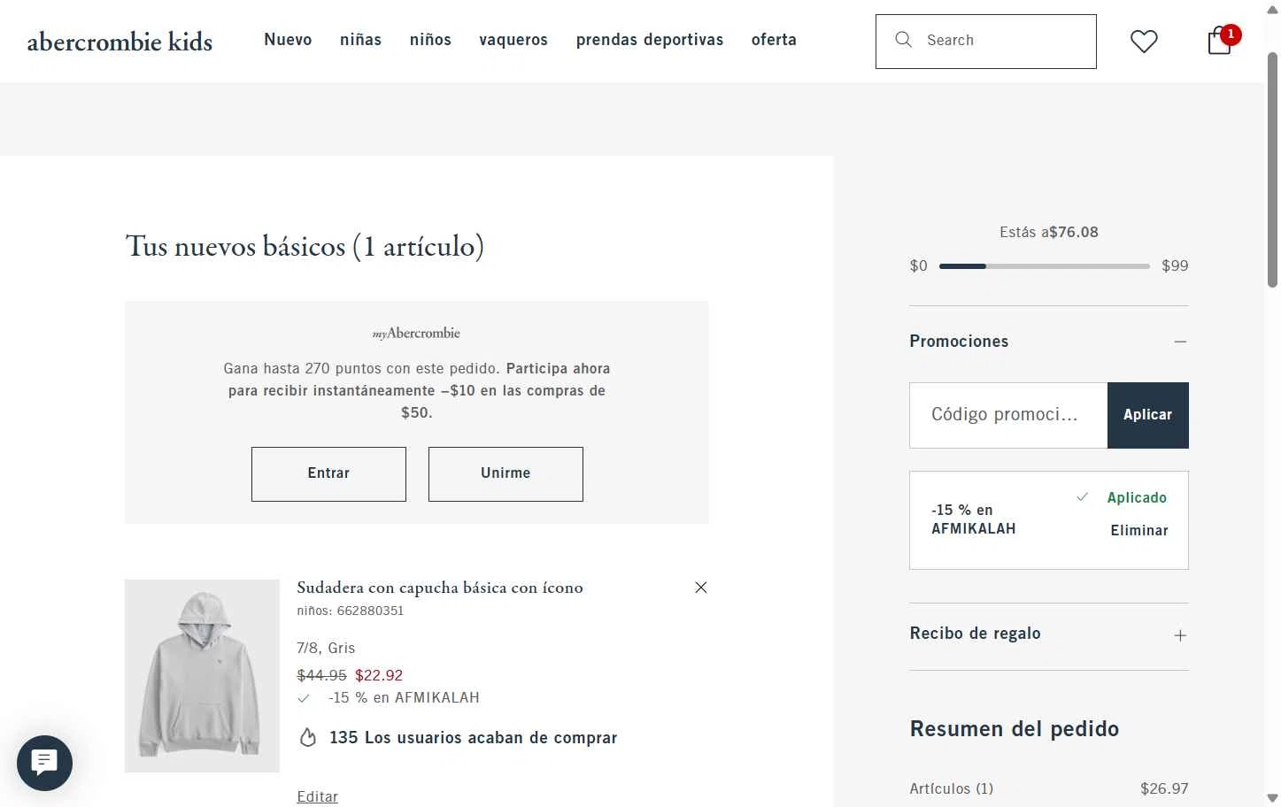 Abercrombie Kids checkout page showing Abercrombie Kids promo code box | Screenshot taken by SimplyCodes community member on Oct 13, 2025