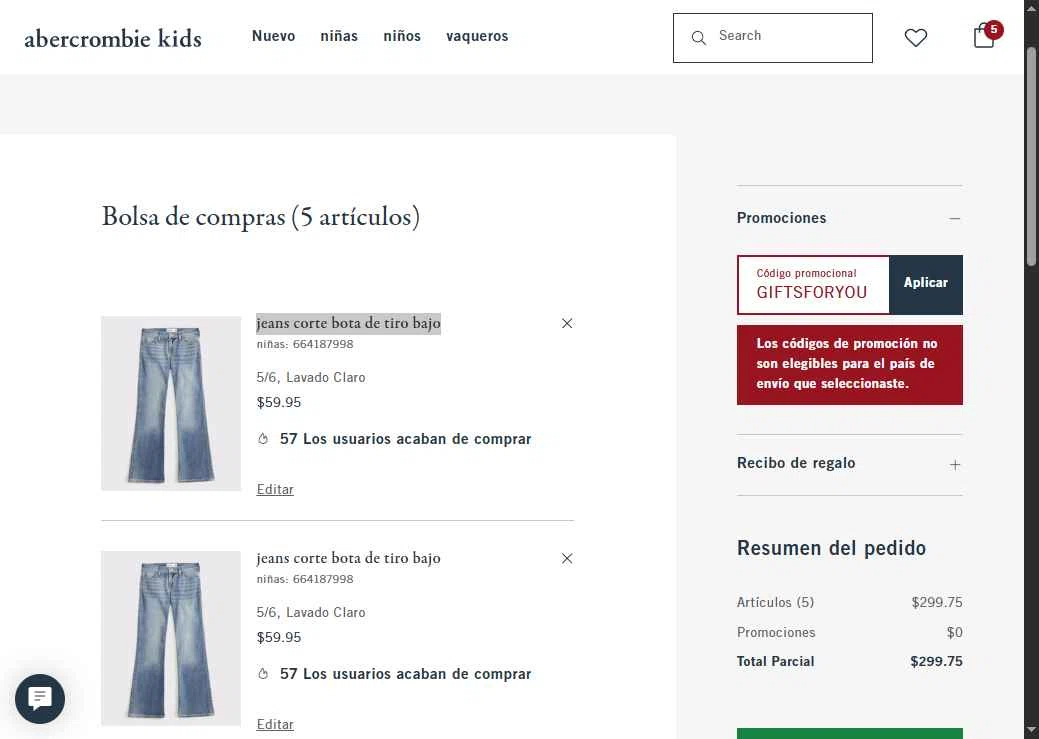 Abercrombie Kids checkout page showing Abercrombie Kids promo code box | Screenshot taken by SimplyCodes community member on Dec 9, 2025