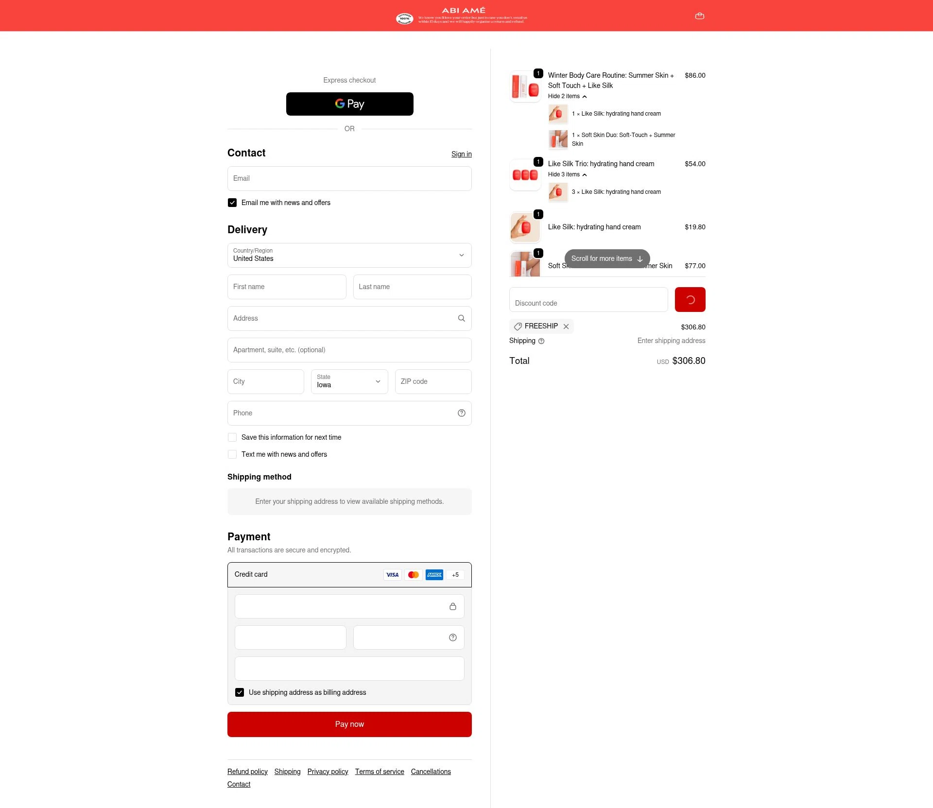 ABI AMÉ checkout page showing ABI AMÉ promo code box | Screenshot taken by SimplyCodes community member on Dec 23, 2025