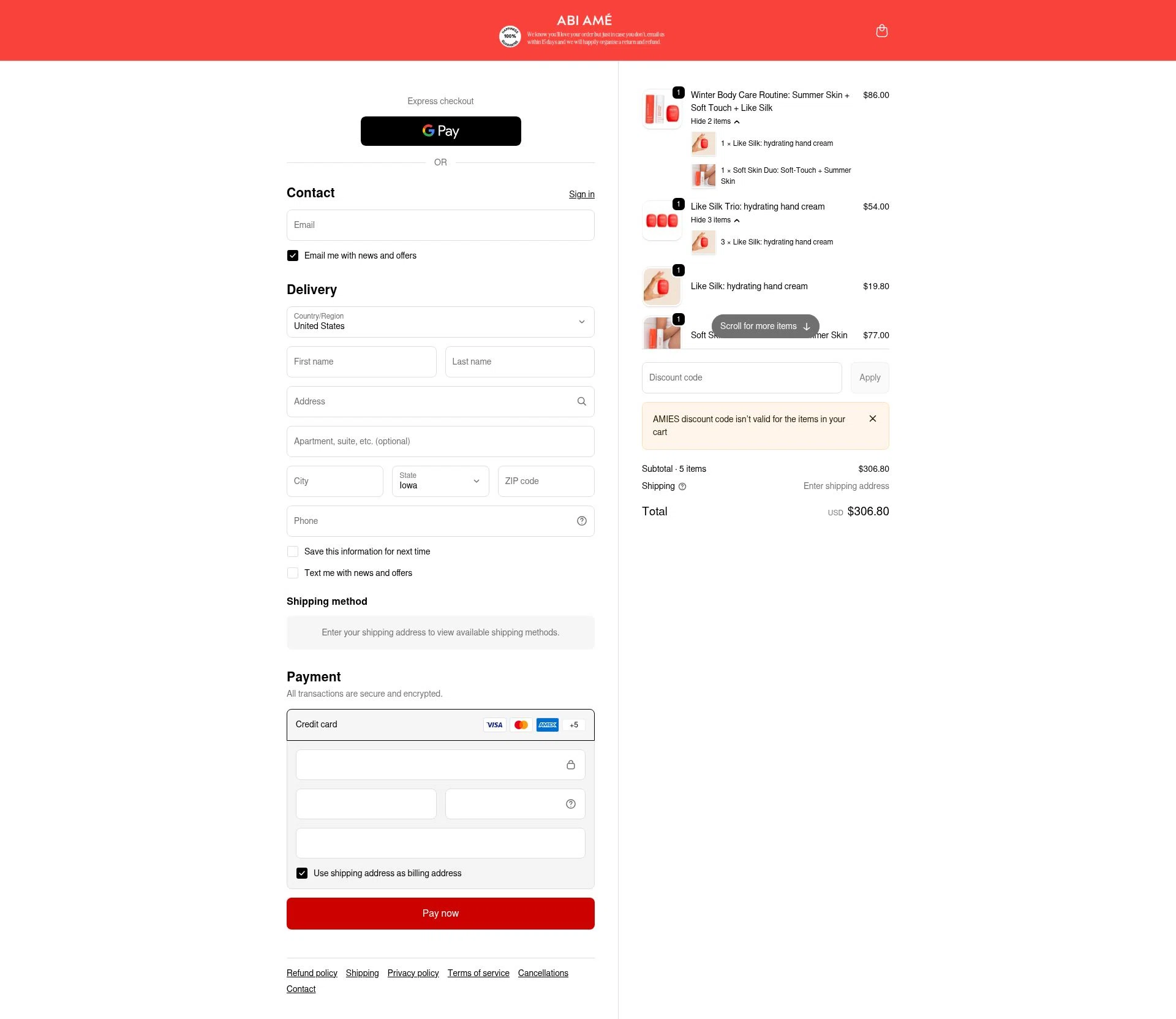 ABI AMÉ checkout page showing ABI AMÉ promo code box | Screenshot taken by SimplyCodes community member on Dec 28, 2025