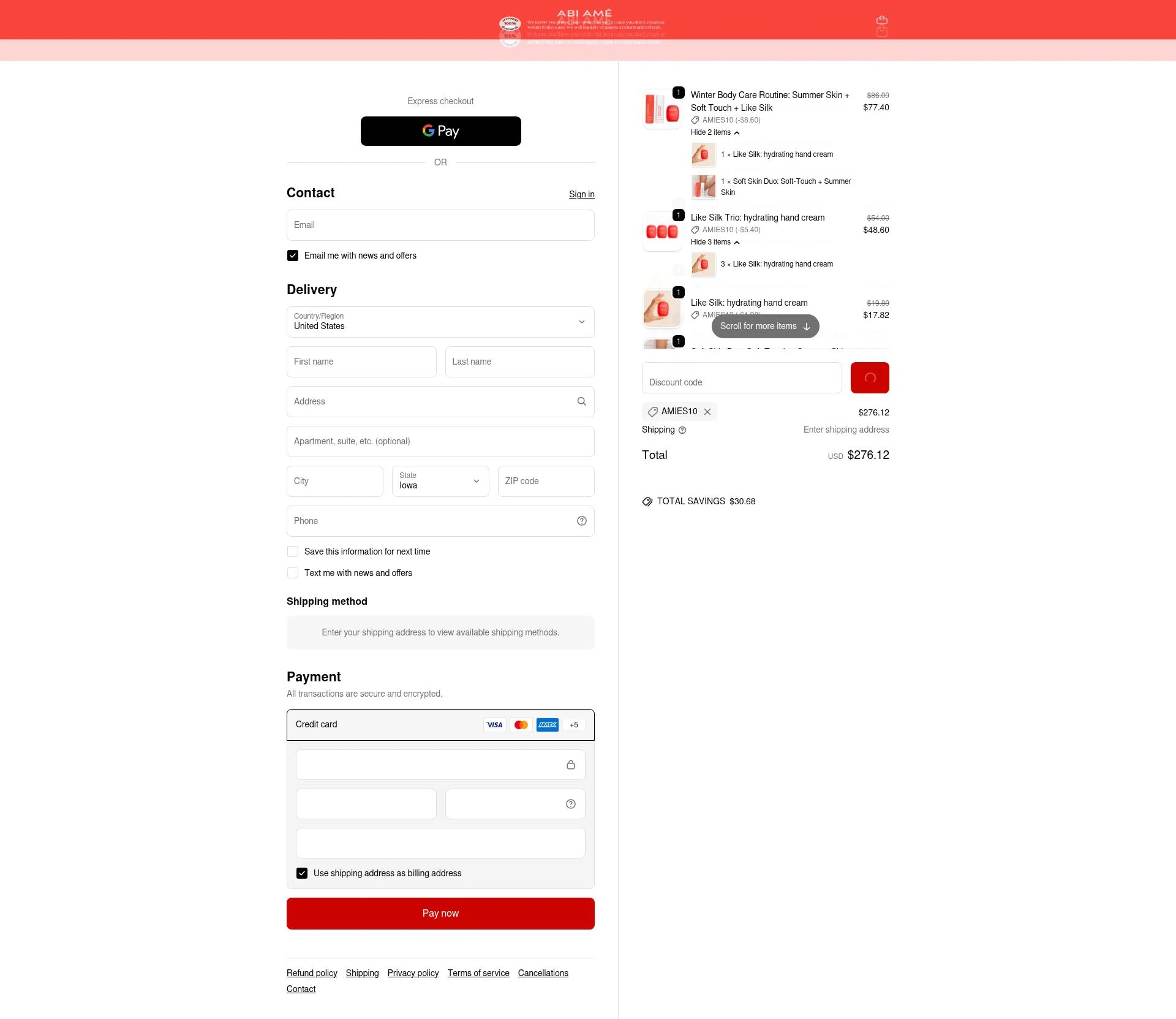 ABI AMÉ checkout page showing ABI AMÉ promo code box | Screenshot taken by SimplyCodes community member on Dec 28, 2025