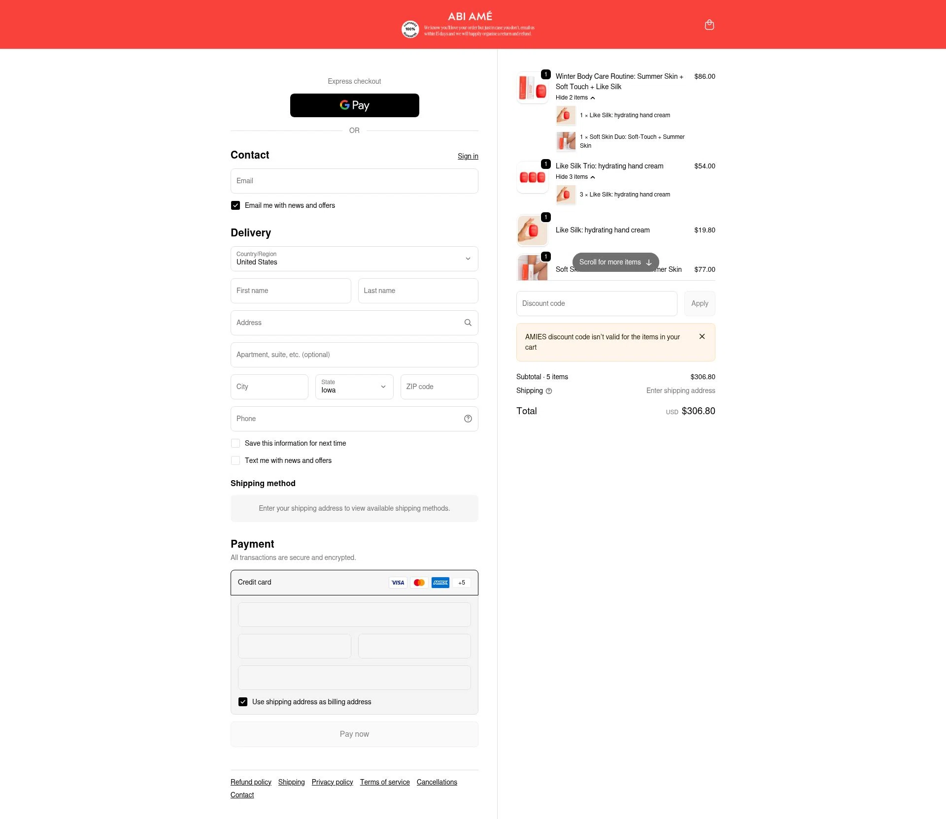ABI AMÉ checkout page showing ABI AMÉ promo code box | Screenshot taken by SimplyCodes community member on Dec 23, 2025