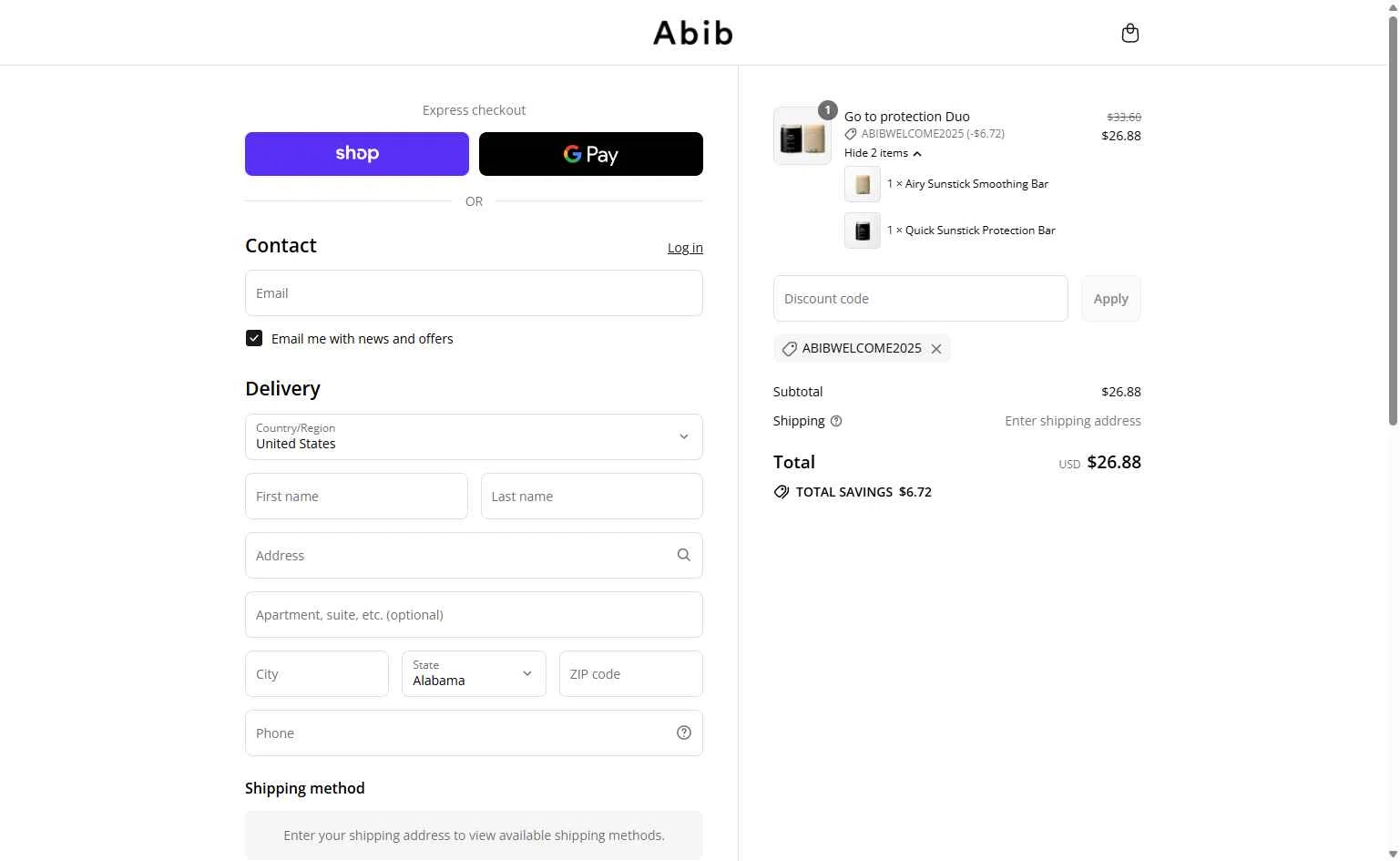 Abib US checkout page showing Abib US promo code box | Screenshot taken by SimplyCodes community member on Aug 31, 2025