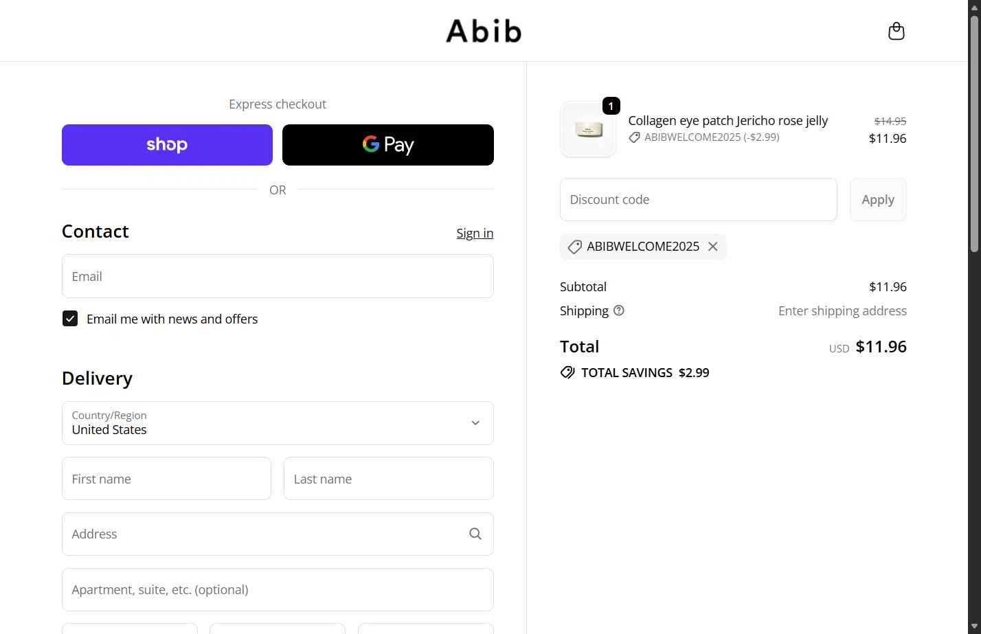 Abib US checkout page showing Abib US promo code box | Screenshot taken by SimplyCodes community member on Nov 17, 2025