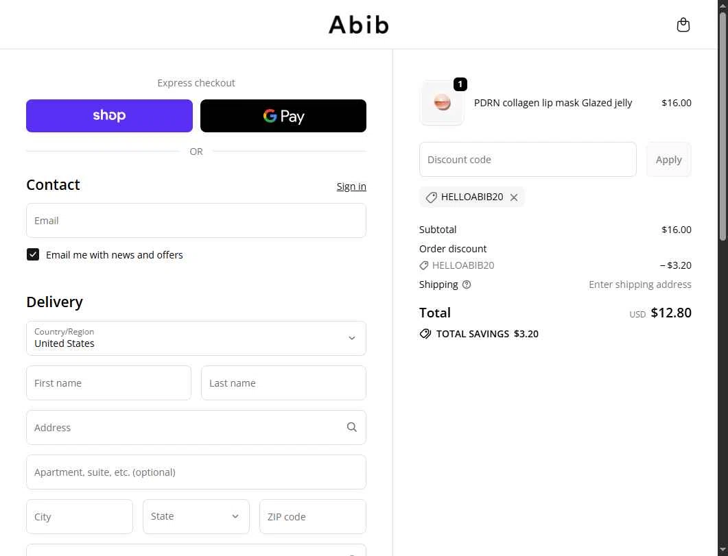 Abib US checkout page showing Abib US promo code box | Screenshot taken by SimplyCodes community member on Dec 16, 2025