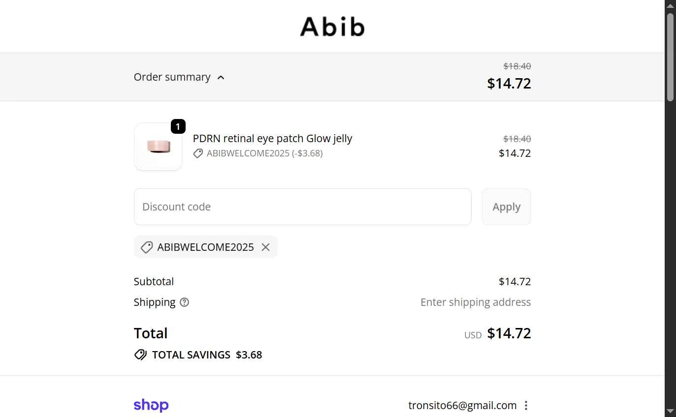 Abib US checkout page showing Abib US promo code box | Screenshot taken by SimplyCodes community member on Oct 19, 2025