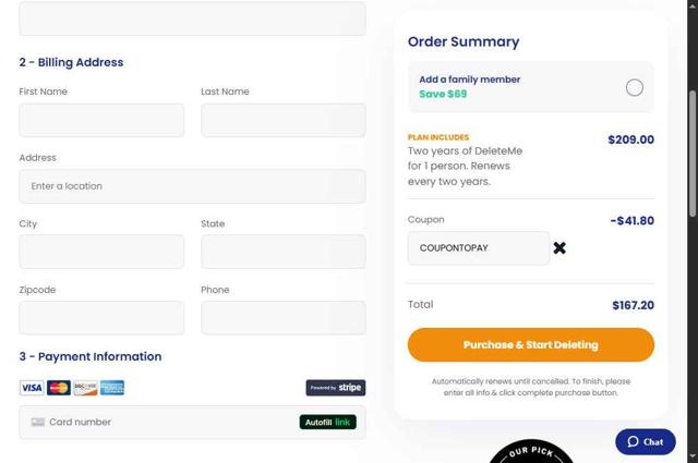 DeleteMe checkout page showing DeleteMe promo code box | Screenshot taken by SimplyCodes community member on Sep 4, 2025