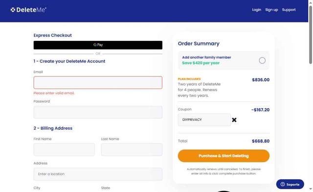 DeleteMe checkout page showing DeleteMe promo code box | Screenshot taken by SimplyCodes community member on Sep 2, 2025