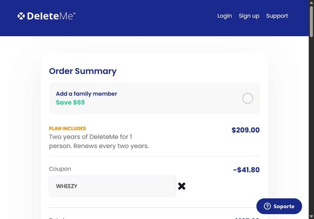 DeleteMe checkout page showing DeleteMe promo code box | Screenshot taken by SimplyCodes community member on Sep 2, 2025