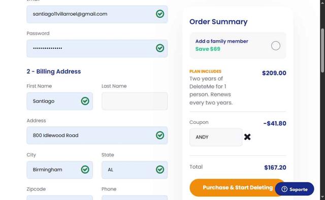 DeleteMe checkout page showing DeleteMe promo code box | Screenshot taken by SimplyCodes community member on Sep 2, 2025