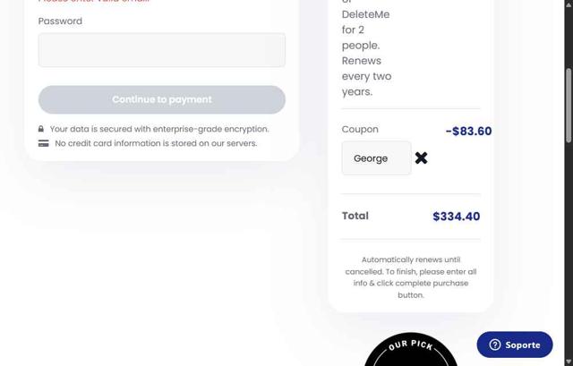 DeleteMe checkout page showing DeleteMe promo code box | Screenshot taken by SimplyCodes community member on Sep 2, 2025