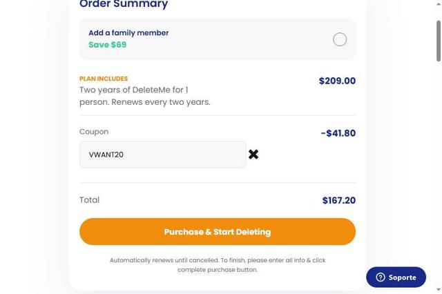 DeleteMe checkout page showing DeleteMe promo code box | Screenshot taken by SimplyCodes community member on Sep 7, 2025