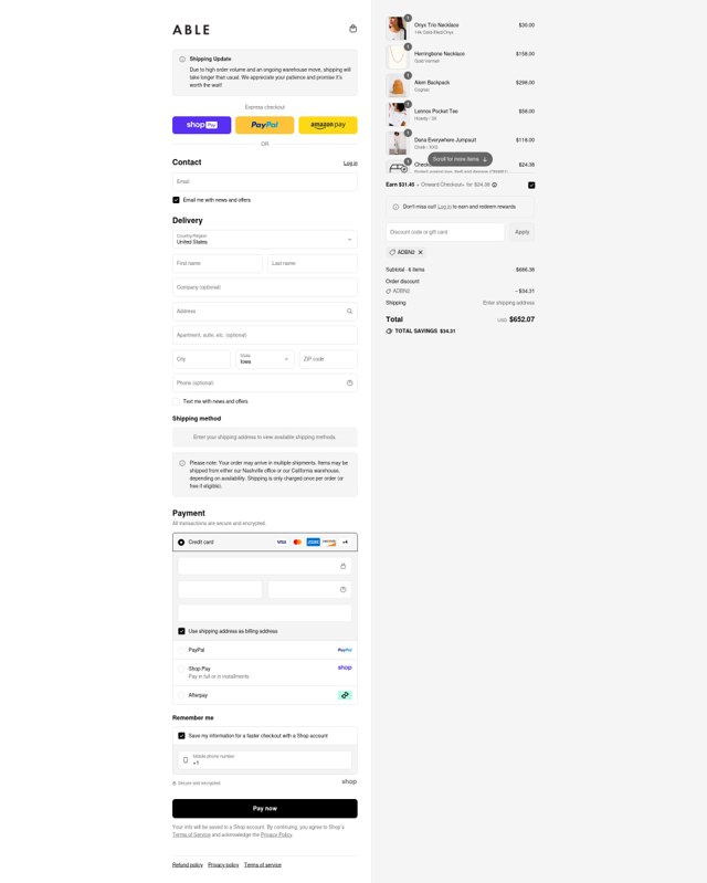 Able checkout page showing Able discount code box | Screenshot taken by SimplyCodes community member on Aug 28, 2025